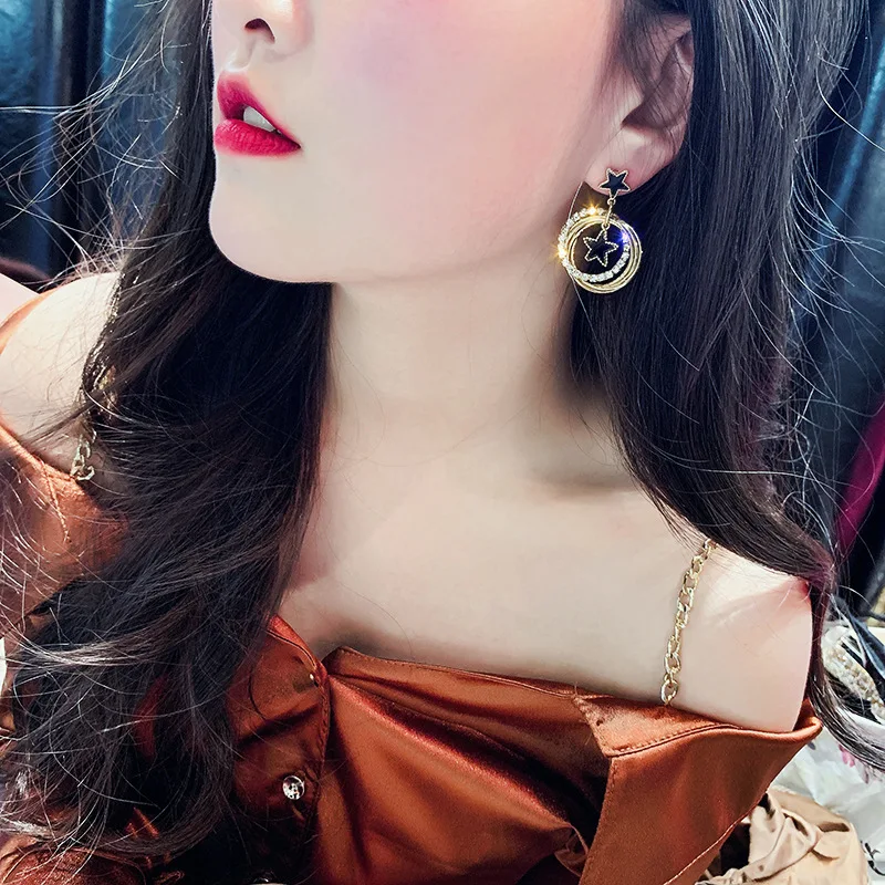 FYUAN Fashion Gold Color Multilayer Circles Geometric Drop Earrings Black Round Rhombus Star Crystal Earrings lady Party Jewelry