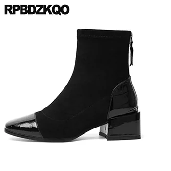 

shoes patent leather high heel brand women winter boots genuine ankle square toe fur ladies 2019 black suede fall chunky chinese