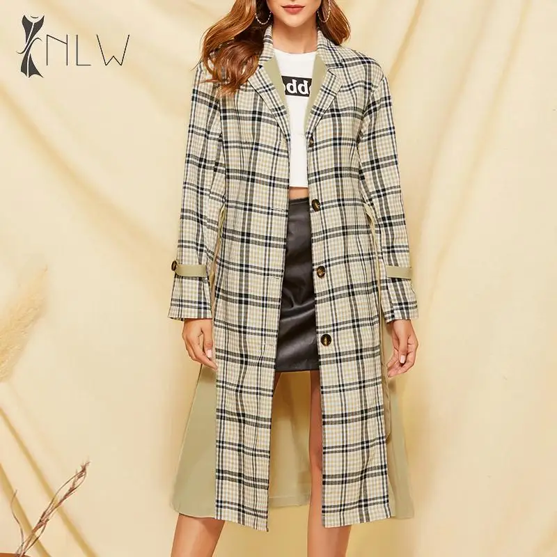NLW Elegant Plaid Long Trench Coat Women Autumn Winter Sash Patchwork Coats Vintage Streetwear Button Outerwear
