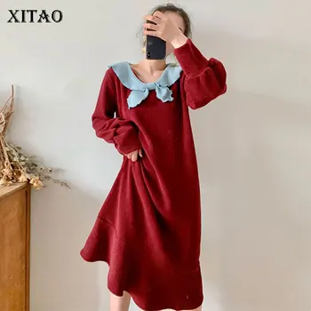 

XITAO Patchwork Hit Color Bow Dress Women Clothes Spring Personality Sailor Collar Full Sleeve Elegant Knitted Dress ZLL4699