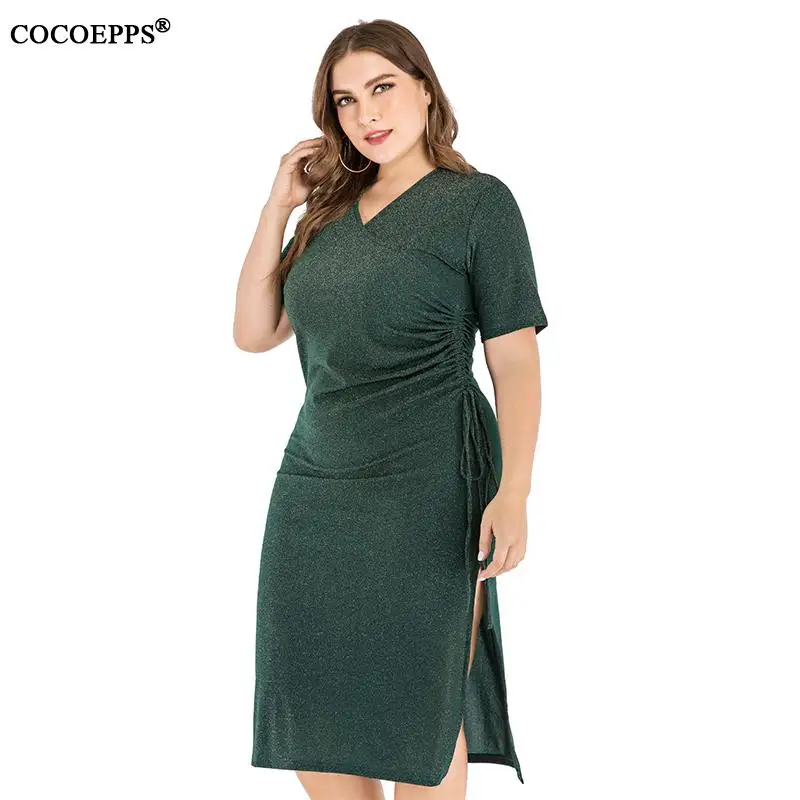 4XL 5XL женское весеннее блестящее платье большого размера элегантное офисное платье с v-образным вырезом и длинными Рюшами Плюс Размер облегающее женское Красное Ночное платье