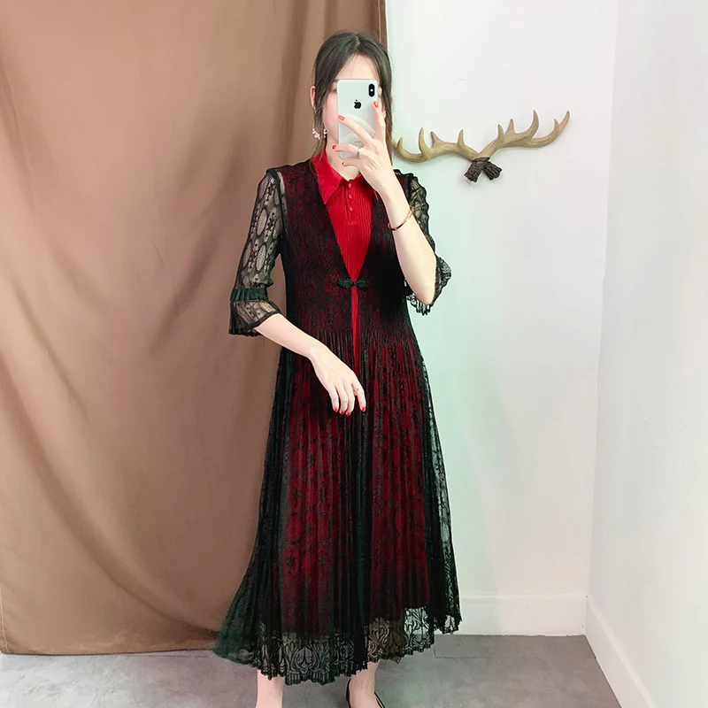 Miyake плиссированные, пожалуйста, поддельные, из двух частей платье, однотонные, три четверти рукав, длиной до щиколотки, женские платья, кружевное платье со складками, Новинка осени
