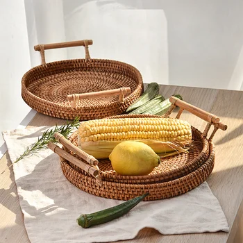

Hand-made rattan basket containing round fruit basket Creative bamboo bread basket Retro handle snack tray LM7231423