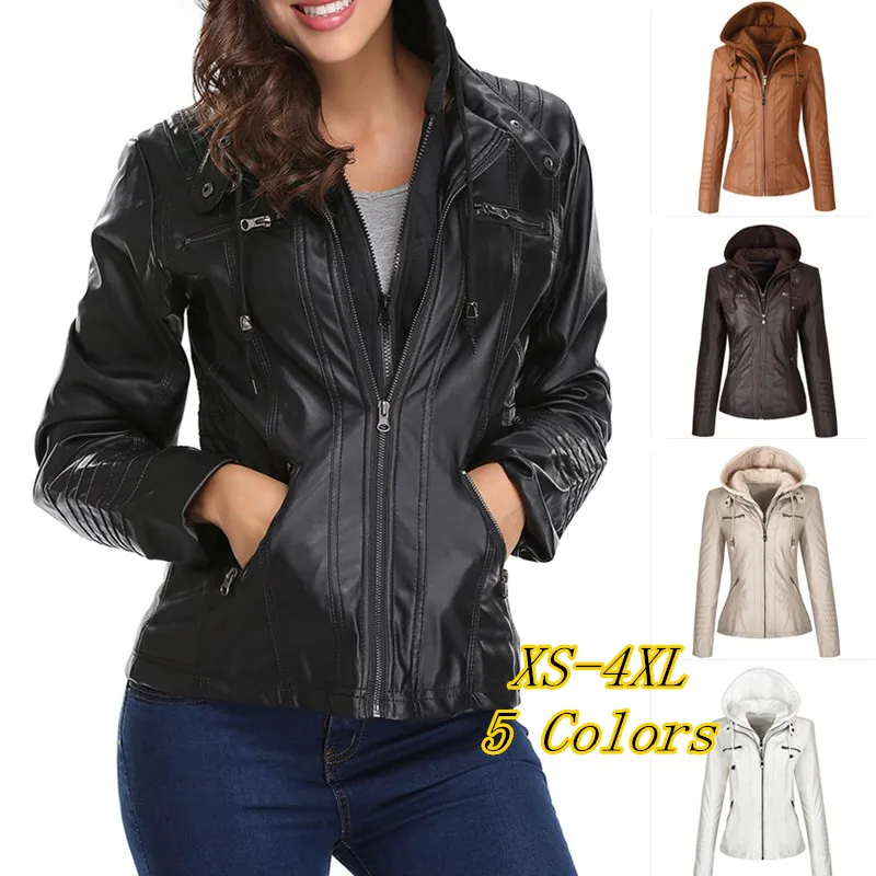

Leather Jacket Hat Detachable Warm Moto Zipper Pocket Punk Coats Women Slim Hooded Outwear Female Winter Windbreak Outwear