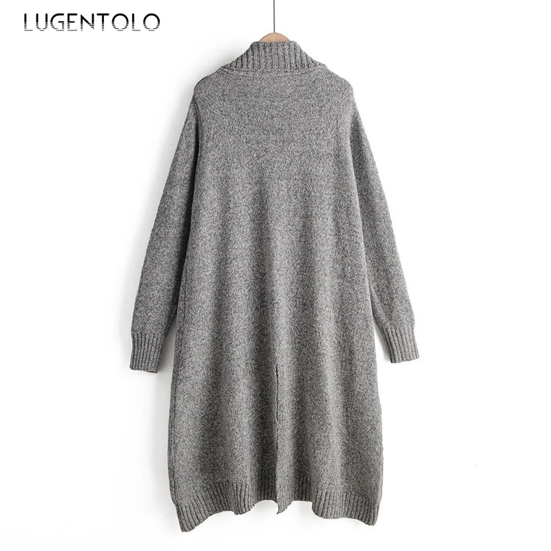 Lugentolo, вязаный свитер, женский, осень, зима, однотонный, с отложным воротником, длинный кардиган, карманы, Повседневный, нестандартный, корейский, женский свитер