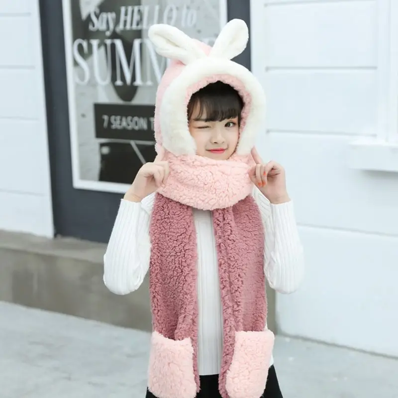 Kids 3 in 1 Scarf Hat Gloves Stitching Color Adorable Rabbit Ear Hoodie Earflap