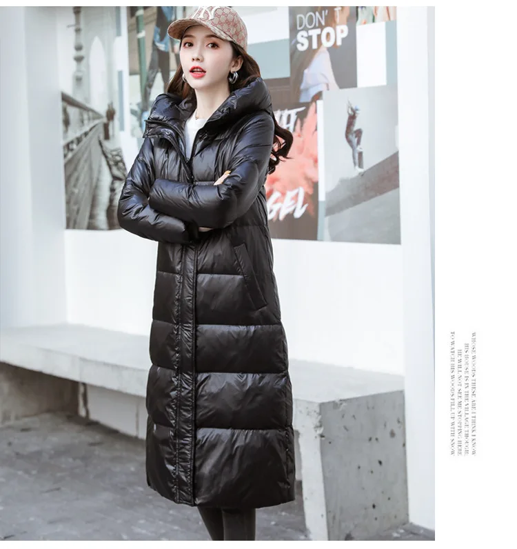 new Anti-season down jacket female long section over the knee thickening bright white duck down fashion Korean Slim