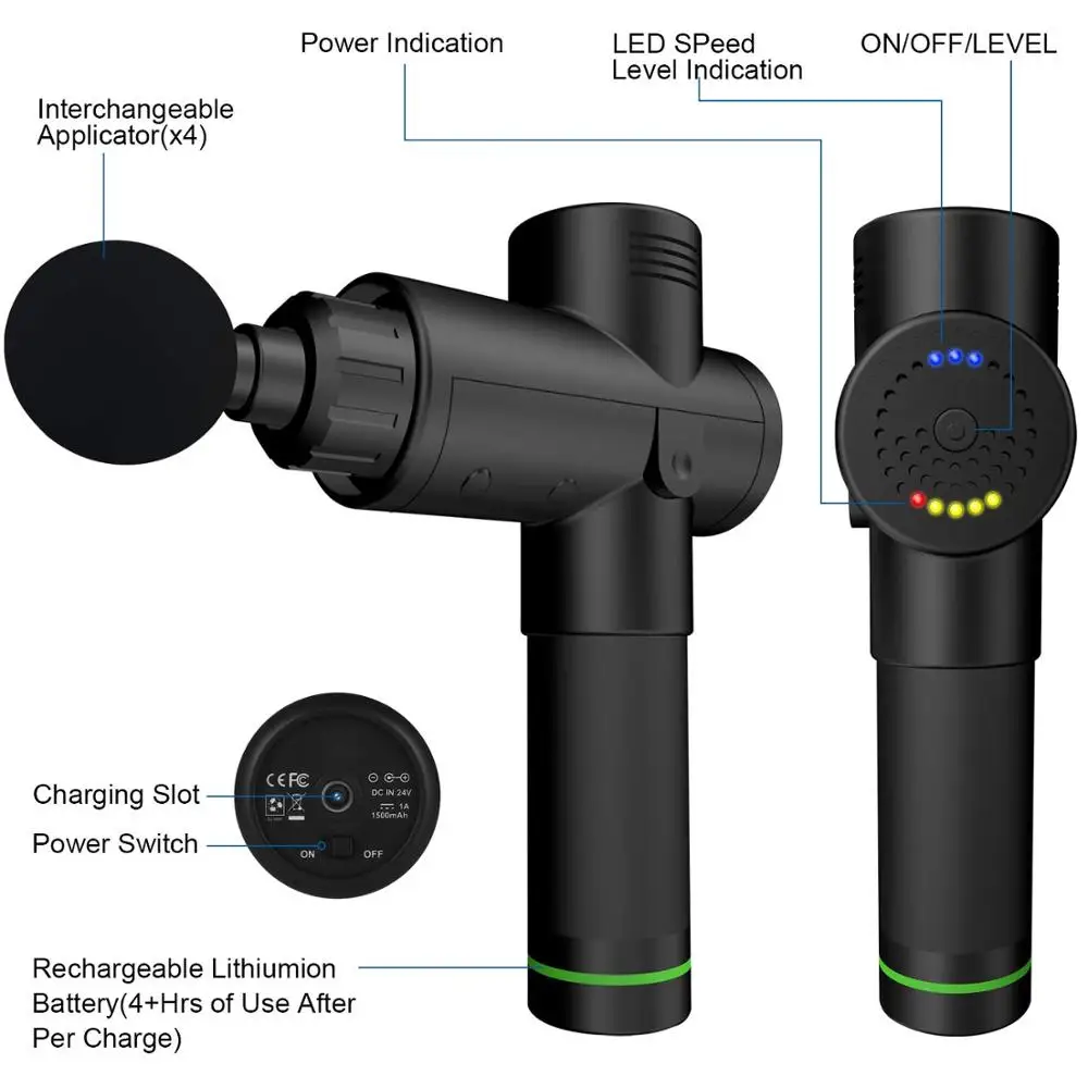 Мощный массажный пистолет беспроводной ручной глубокий массажер для мышц и тканей 3 скорости ударный массажное устройство супер тихий-черный