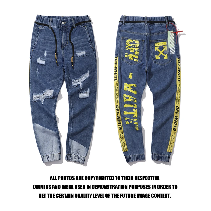 OFF-WHITE C/O VIRGIL ABLOH ВЛ Off White желтый ленты эластичные Растрепанные темные джинсы
