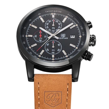 

BENYAR 43MM Luxury Mens Fashion Sport Chronograph Watches Male Date leather Quartz Watch Luminous Black Clock relogio Masculino