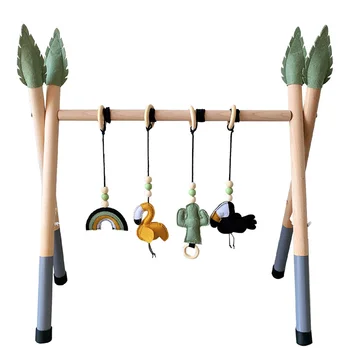 

Baby Wooden Teether Toddler Fitness Frame Toy with 4 Decorations Newborn Educational Toys