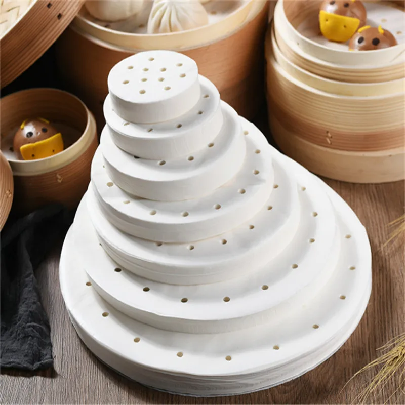 

100pcs Disposable White Round Steamed Bun Papers With Holes Non-stick DIY Bread Cake Steamer Oil Paper Pads