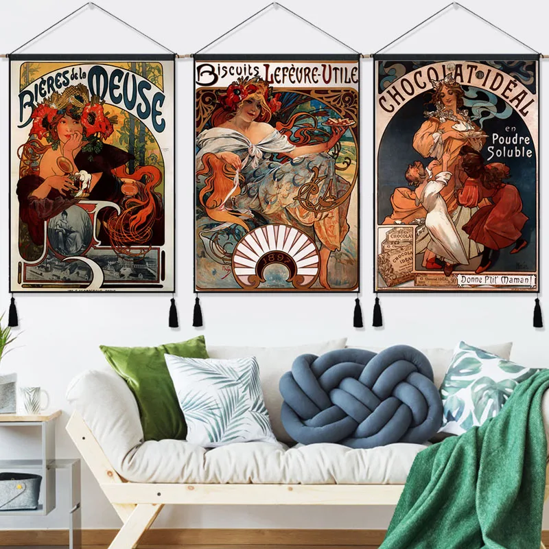 Alphonse Maria Mucha бисквиты пиво девушка винтажная подвесная ткань хлопок линия живопись плакат домашняя декоративная настенная вешалка гобелен подарок