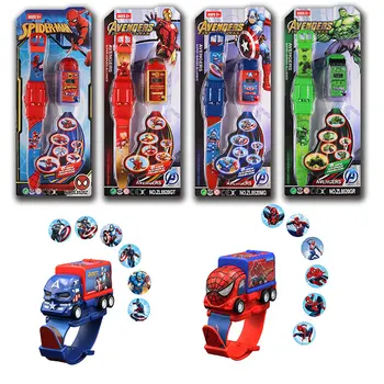 

2020 Avengers Marvel Hulk Spider-Man Captain America pull back car projection watch deformed toy table Action Figures Model Toys