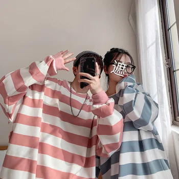 

Casual Couples Oversized Hoodie Striped Long Sleeve Loose O-Neck Pullovers Sweetshirts for Women and Man Korean Hip Hop Tops