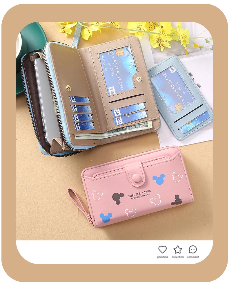 Lovely Mickey Cartoon PU Leather Lady Long Hand Holding Large-Capacity Card Holder Women`s Wallet Girl Fashion Mobile Phone Bag