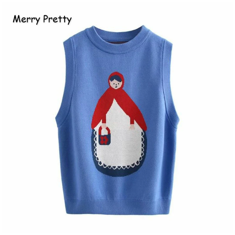 Женский трикотажный джемпер MERRY PRETTY синий жилет без рукавов с вышивкой и круглым