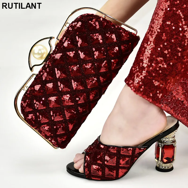 

Ladies Italian Shoes and Bag Set Decorated with Rhinestone Ladies Sandals with Heels Italian Shoes with Matching Bags Slip-On