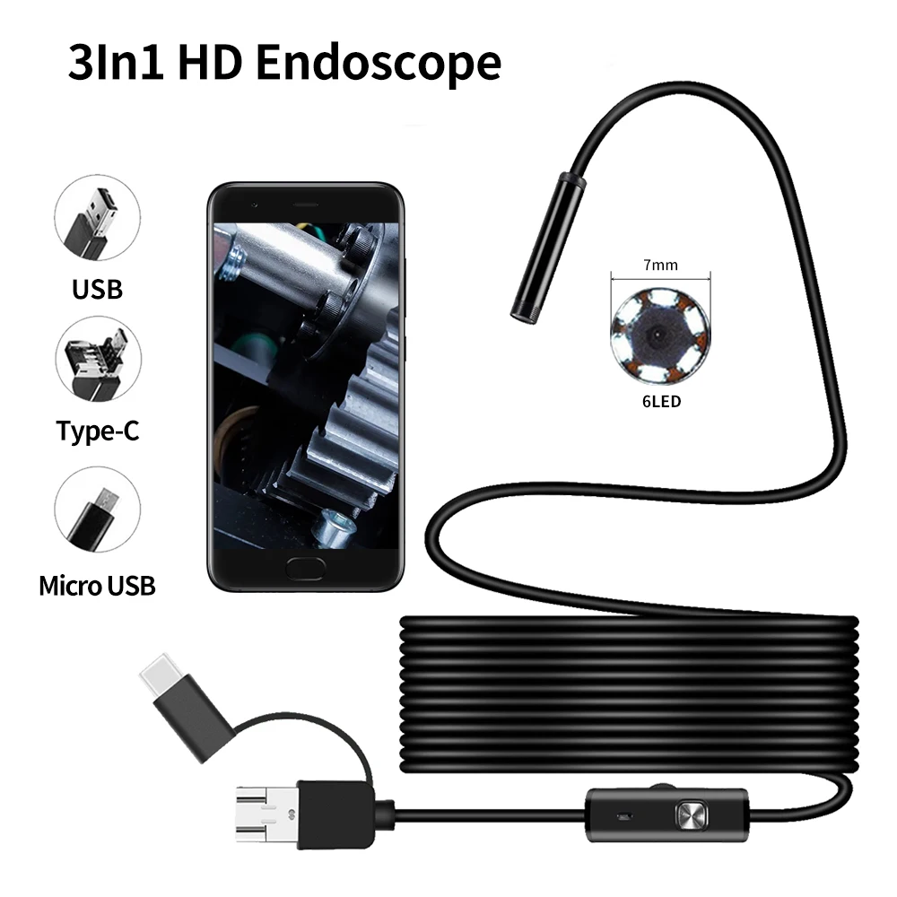 Gran venta Endoscopio 3 en 1 para Android, 7MM, USB/Micro USB/tipo-c, cámara de inspección por boroscopio, impermeable para teléfono inteligente con OTG y PC UVC 85ZAdynw6