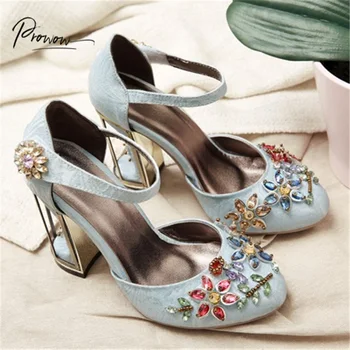 

Prowow New Fashion Style Spring Summer Black Women Pumps Shoes Round Toe Crystal Chunky High Heel Ladies Pumps Party Shoes Woman