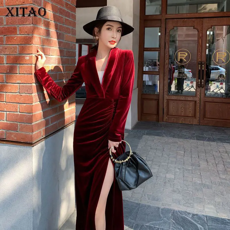 XITAO, сексуальное платье с разрезом, плиссированное, длинное, женское, красное, элегантное, богиня веер, длинный рукав,, весна, миноритарное, повседневное, свободное платье, XJ3185