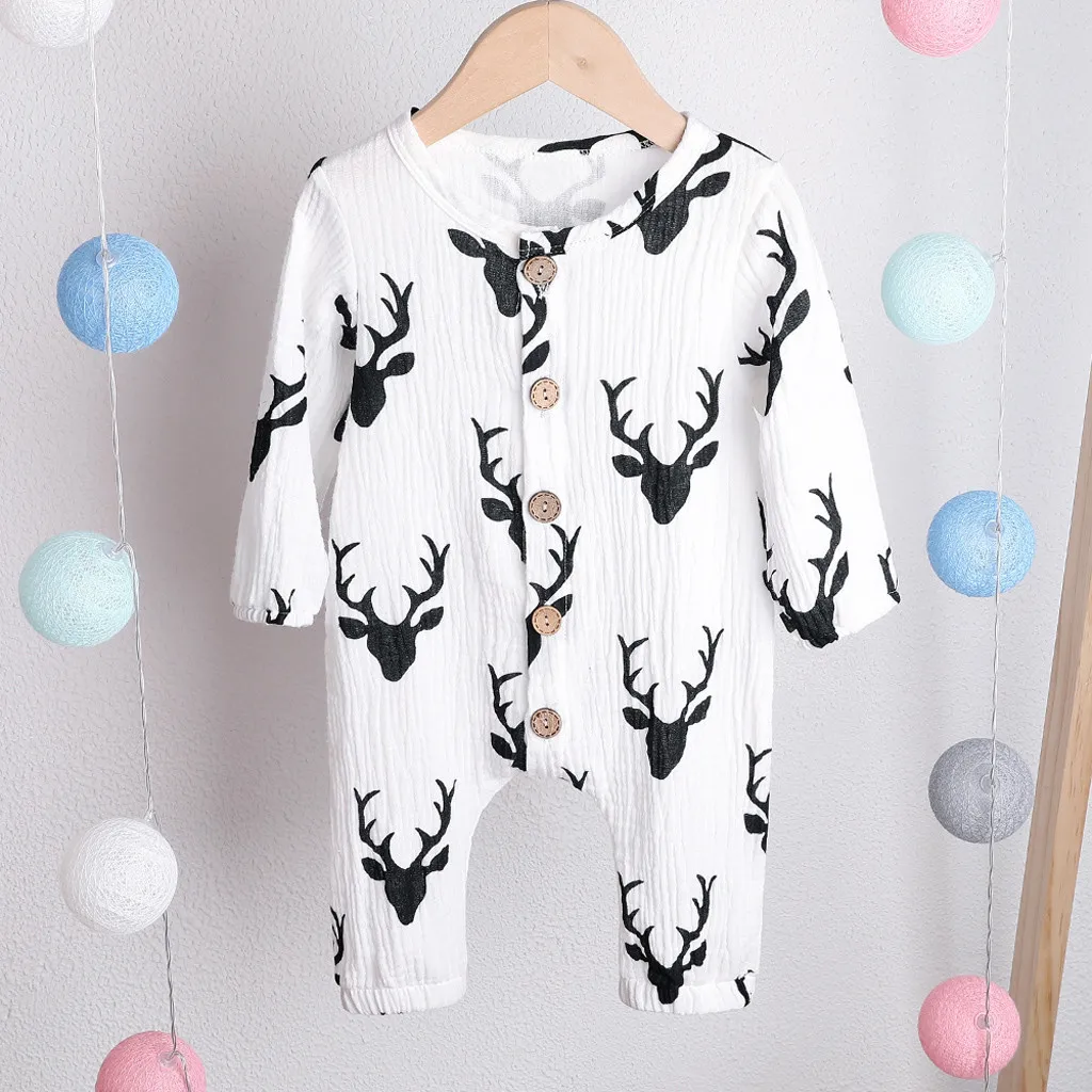 Модный хлопковый и льняной комбинезон для новорожденных мальчиков и девочек с пуговицами и рождественским оленем, детская одежда, 40