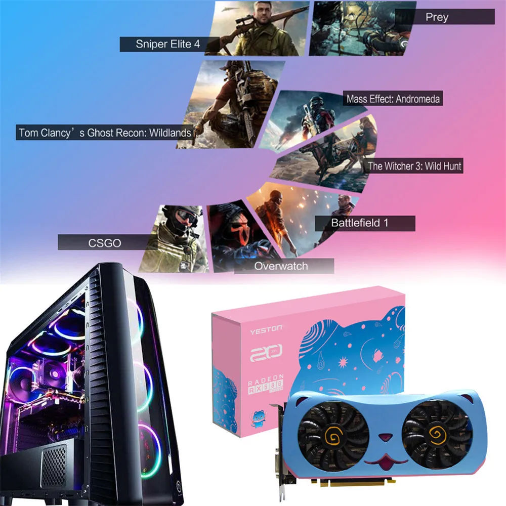 Cute Pet RX 580 8GB Gaming Graphics Card AMD YES 2048SP Radeon Video Cards Map HDMI PCI-E 3.0 Brand New External Desktop Supply