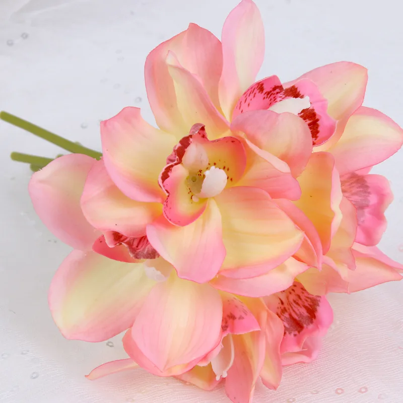 Настоящее прикосновение Cymbidium 6 головок короткая съемка украшение стола цветок DIY Свадебные невесты ручной цветы домашний декор искусственная Орхидея