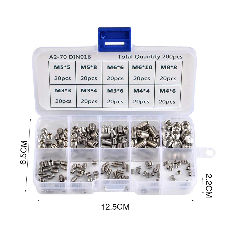 200 Pcs Woodworking Grub Screw Set Metric Thread Hardware Hex Socket Durable Home Allen Head Repair Tools Fixing Stainless Steel