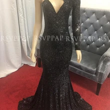 Длинное черное платье для выпускного с пайетками, круглый вырез, платье русалки с длинным рукавом, африканские вечерние платья в пол для выпускного вечера