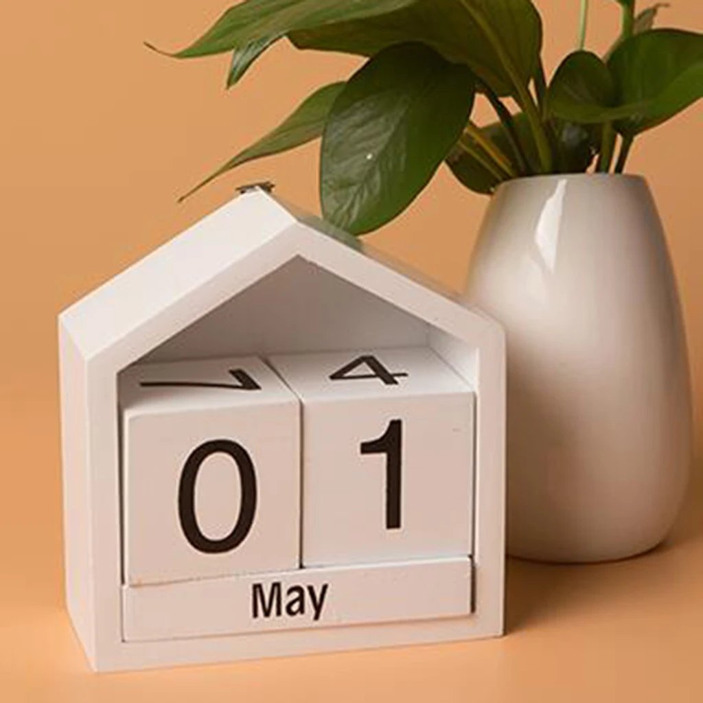 Vintage Wooden Calendar Rustic Desktop Wood Perpetual Block Calendar Month Date Display Home Office Decoration -Black/White