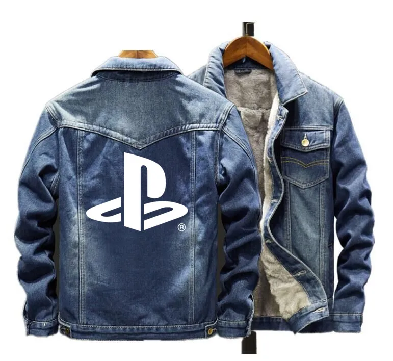 Зимняя мужская теплая флисовая джинсовая куртка для Playstation, модная мужская джинсовая Повседневная куртка-бомбер в стиле хип-хоп, ретро, уличная одежда