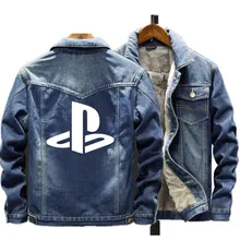 Зимняя мужская теплая флисовая джинсовая куртка для Playstation, модная мужская джинсовая Повседневная куртка-бомбер в стиле хип-хоп, ретро, уличная одежда