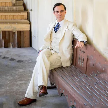 

Ivory Linen Trajes de hombre Mens Wedding Suits Groom Tuxedo Wide Shawl Lapel Best Man Outfits 3Piece(Coat Pants Vest) Slim Cost