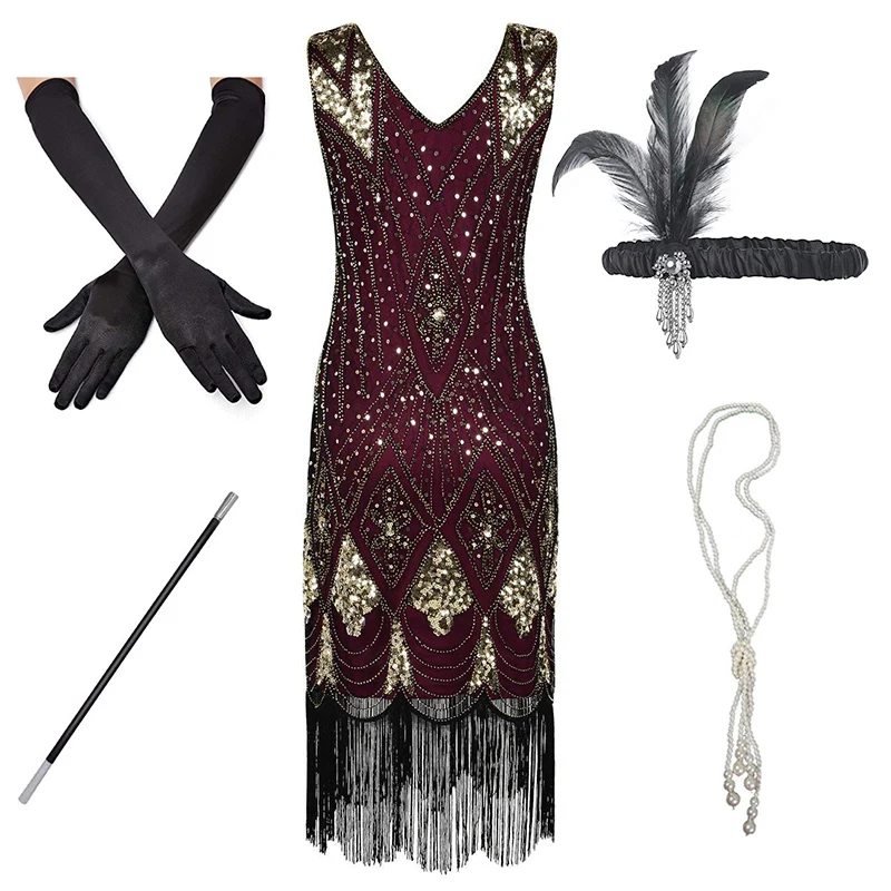 Red Set B(NEW) 1920s Flapper платье Great Gatsby вечерние платья с блестками и бахромой - Цвет: Red Set B(NEW)