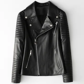 

Size M-XXL Genuine Leather Motorcycle Biker Coats Fashion 100% Sheepskin Turn Down Collar Short Jacket Women Autumn Clothings