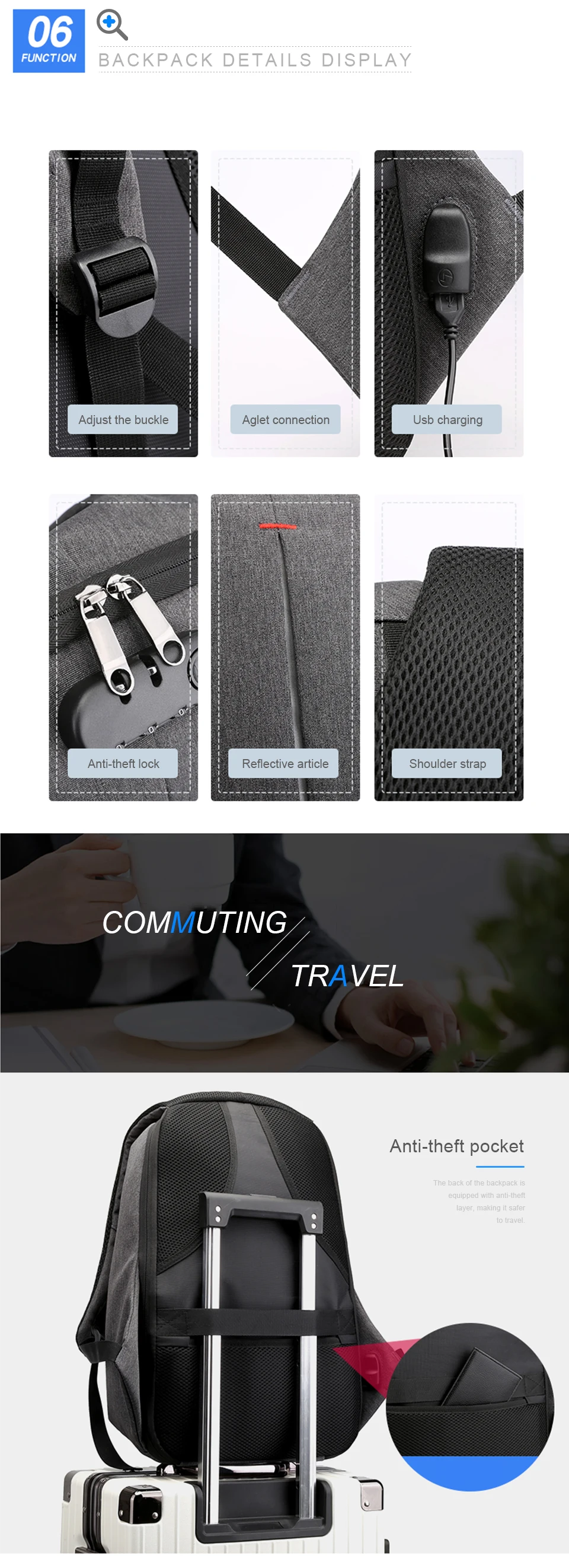 Laptop Backpack 15.6 Inch Notebook Back Pack Anti Theft Business Men Travel Bags Waterproof Male USB Charging Student Bagpack (7)