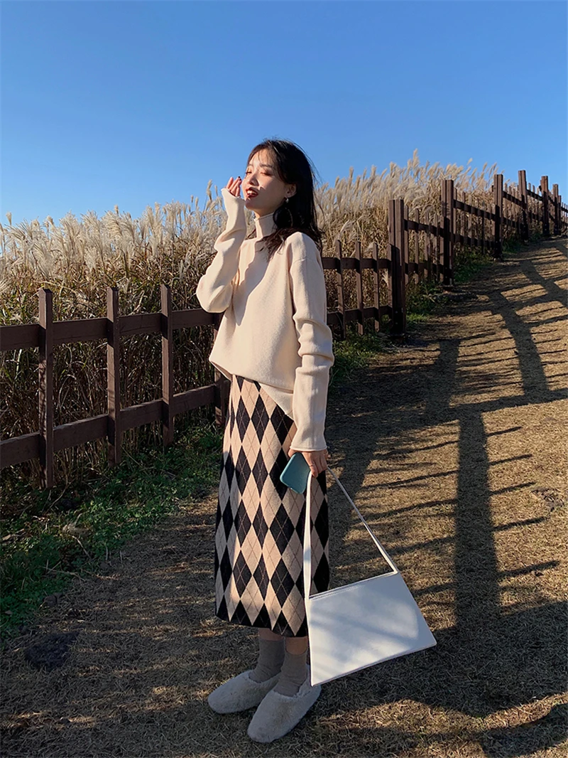 black pencil skirt New 2021 Autumn Winter Women Skirts Checkered Knitting High Waist Fashionable Vintage Elegant Long Skirts tulle skirt