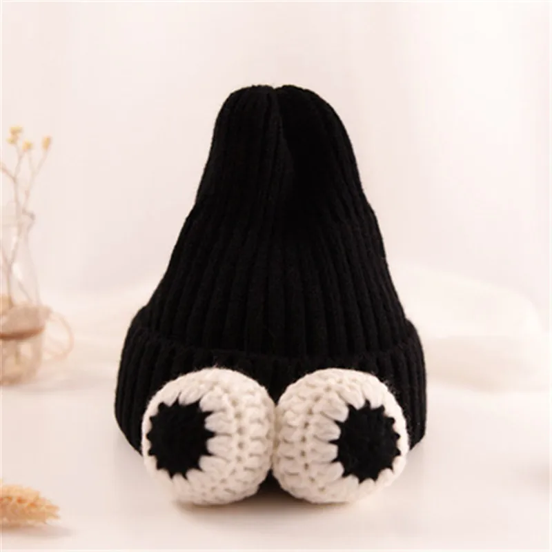 Черный IKFUNII Kpop Funny Big Eyes Kids Knitted Hats Creative Winter Warm Beanies(Pink Gray Khaki Gray White - Цвет: Черный