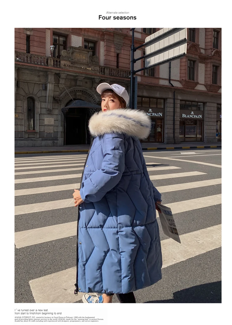 According to Nalini Korean-style Slim Fit Autumn& Winter down Jacket Long Loose-Fit Large Fur Collar Cotton Overcoat Coat