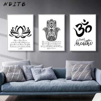 

Spiritual Meditation Abstract Poster Hamasa Hand Lotus Black White Canvas Print Yoga Wall Art Picture Painting Modern Home Decor