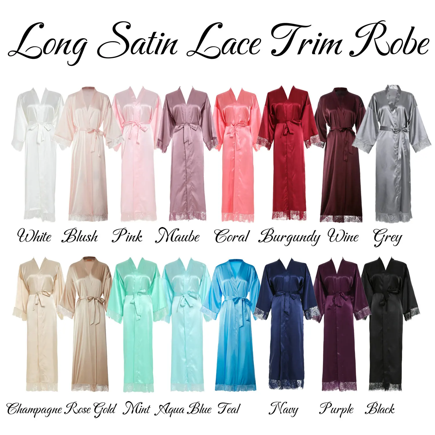 

2020 New Women Long Solid Satin Robe Bridal Robe Bridesmaid Robes Lace Trim Wedding Robe Sleepwear Bathrobe Dressing Long Gowns