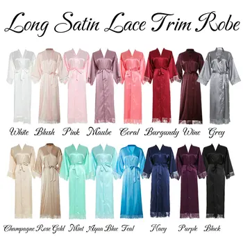

2020 New Women Long Solid Satin Robe Bridal Robe Bridesmaid Robes Lace Trim Wedding Robe Sleepwear Bathrobe Dressing Long Gowns