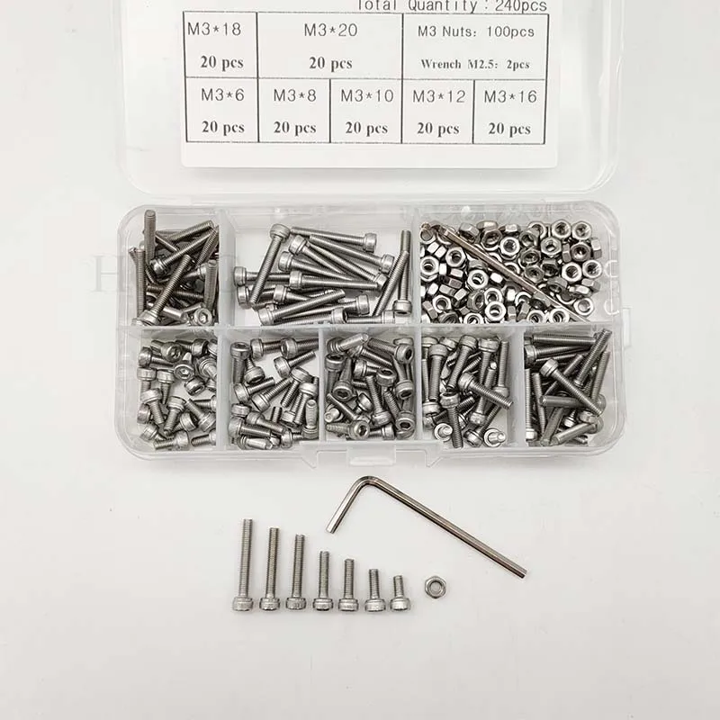 240pc/set M3 Cap Head Stainless Steel Hex Socket Screws Bolt With Hex Nuts Assortment Kit Fasteners with Plastic Box screw bolt