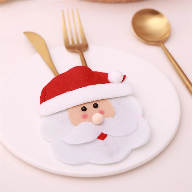 Santa Hat Reindeer Christmas New Year Pocket Fork Knife Cutlery Holder Bag Home Party Table Dinner Decoration Tableware - Color: C