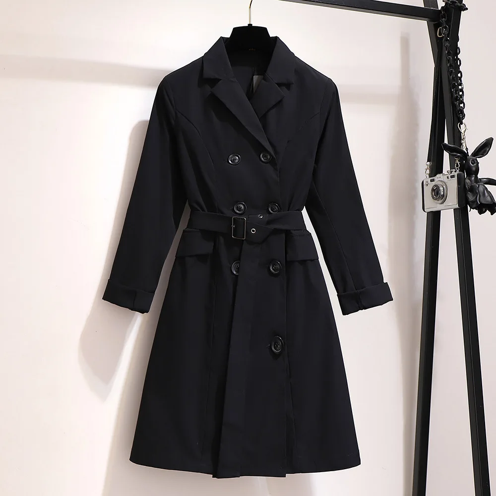 Осенне-зимнее пальто размера плюс для женщин, большое повседневное Свободное длинное пальто с поясом, Черный Зеленый 3XL 4XL 5XL 6XL 7XL - Цвет: Черный