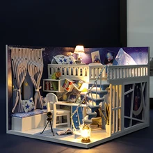 

DIY Creative Handcraft Dollhouse with Furniture Kit LED Light Battery Case Wood Starry Themed House 3D Puzzles Doll House