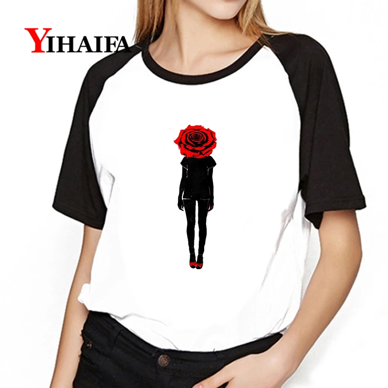 

Women 3D T Shirts Floral Rose Girl Graphic Printed Tees Short Sleeve Casual White Tops Plus Size Womens