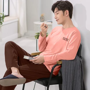 

Pajama men's autumn Pullover long sleeve cotton spring and autumn leisure suit men's pajamas autumn and Winter Youth cotton home