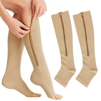 

2 Pair Socks Zipper Leg Calf Sleeves Toeless Running Hiking Climbing Driving Swelling Relieve Pain Compression Long Socks